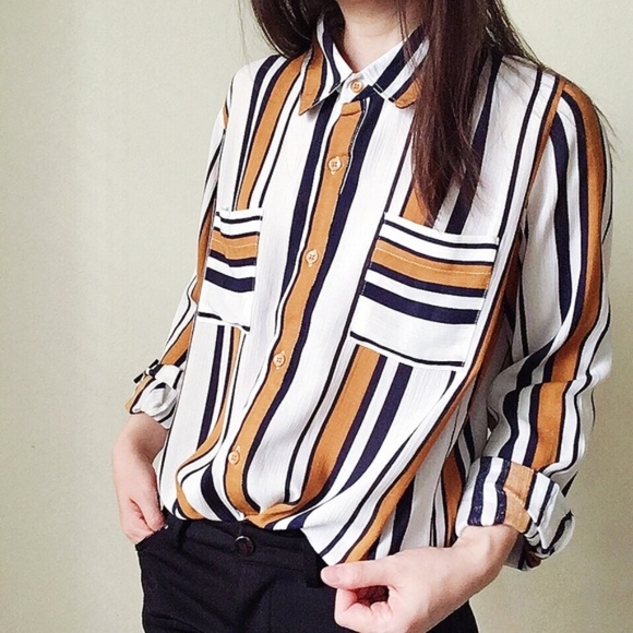 ELLE Tops - NWT mustard yellow stripe button  shirt